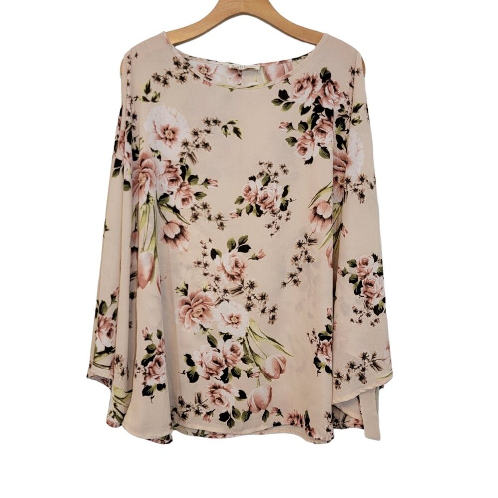 Peach Love California Floral Peach Cold Shoulder Tie Size L Polyester Blouse Top